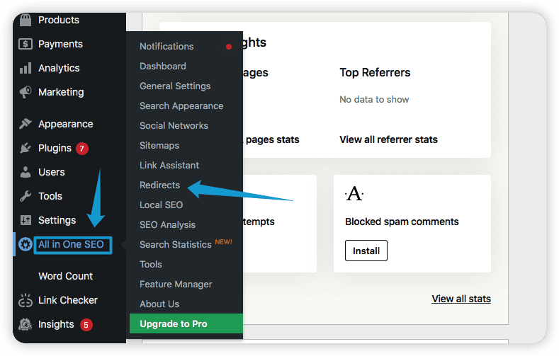 Redirects page