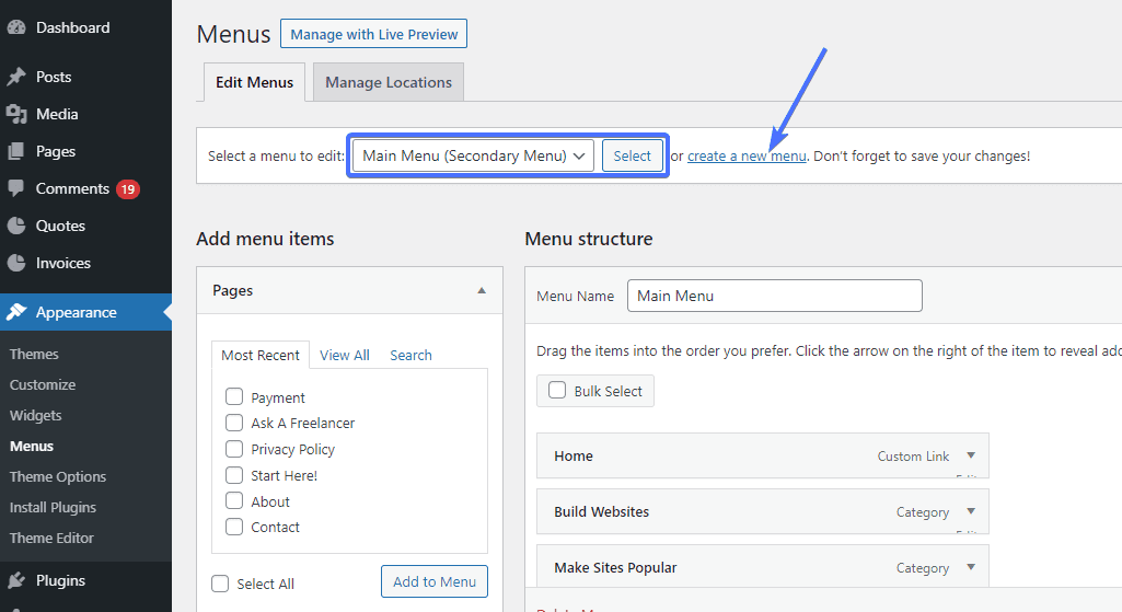 Create new menu - wordpress Navigation Menus