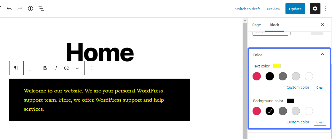 change homepage colors in wordpress block editor