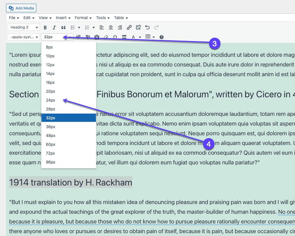 how to change font size in wordpress