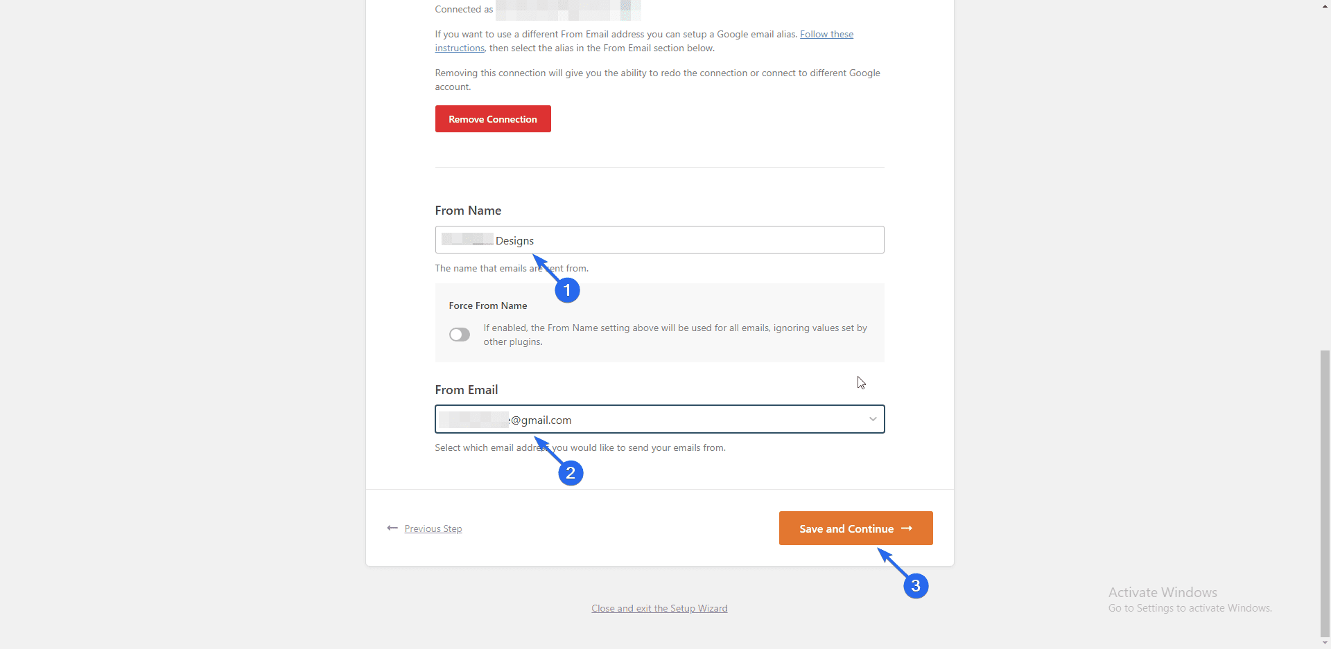 Fill the respective values and click Save and Continue