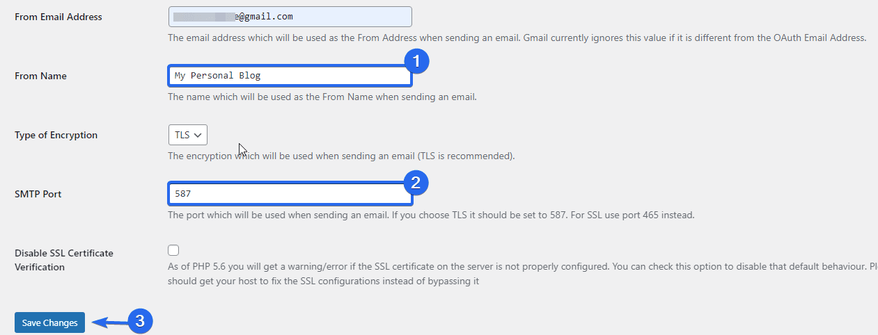 WordPress sending emails using gmail smtp