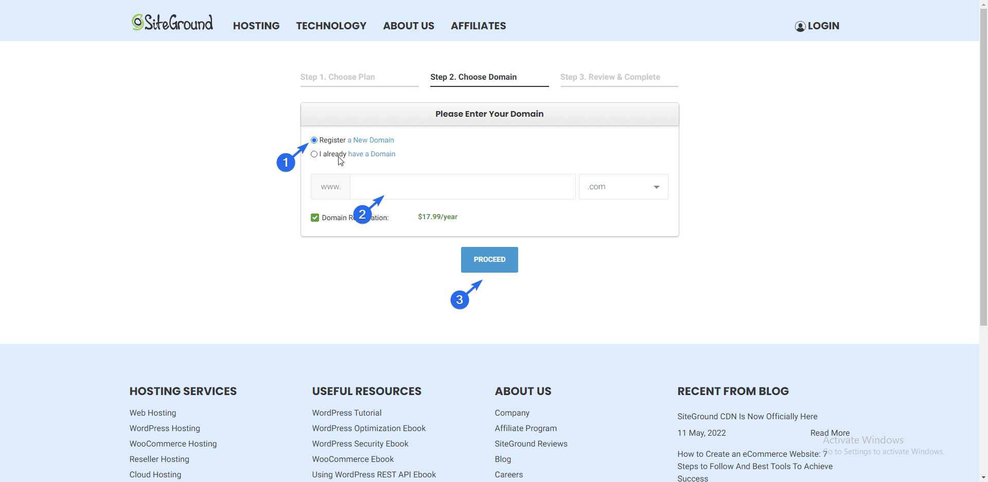 Insert domain name and click Proceed