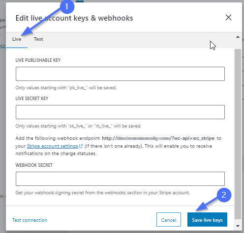 Enter Stripe live API keys