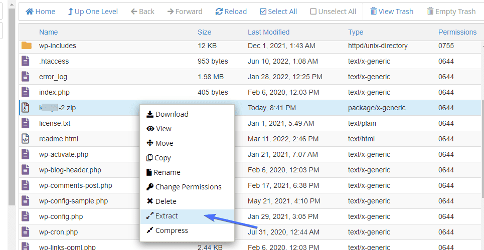 Click Extract to unzip woocommerce backup file