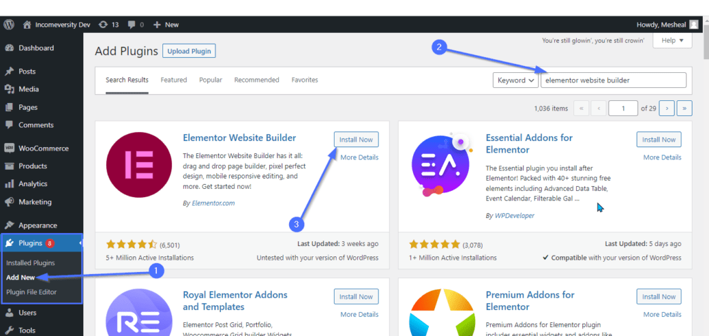 Install Elementor website builder plugin
