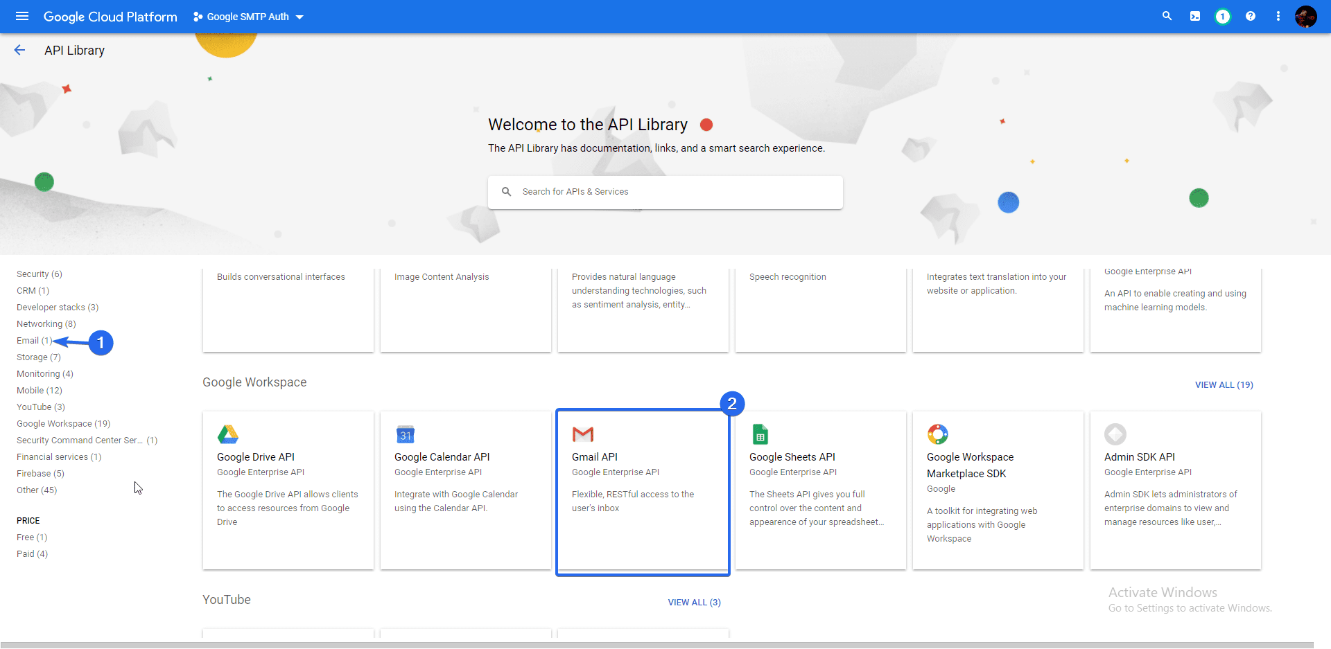 Click Gmail API from Email category