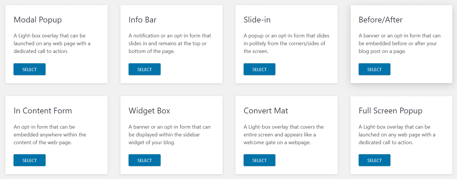 Different pop-ups available