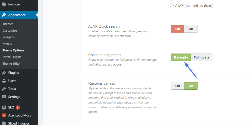Enable excerpts in theme options