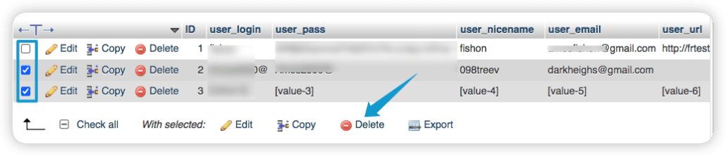 delete phpmyadmin users - wordpress