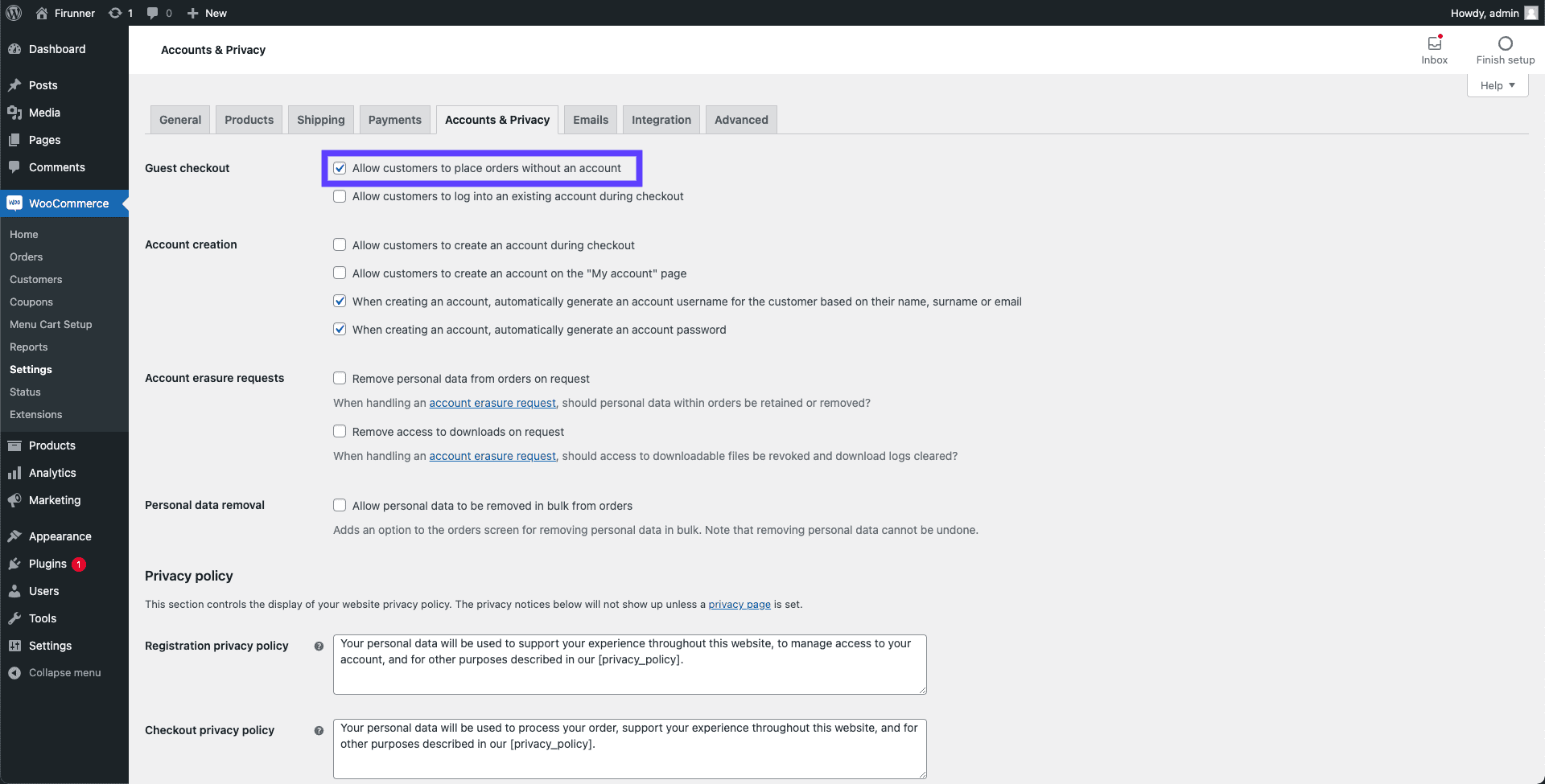 check “Allow customers to place orders without an account