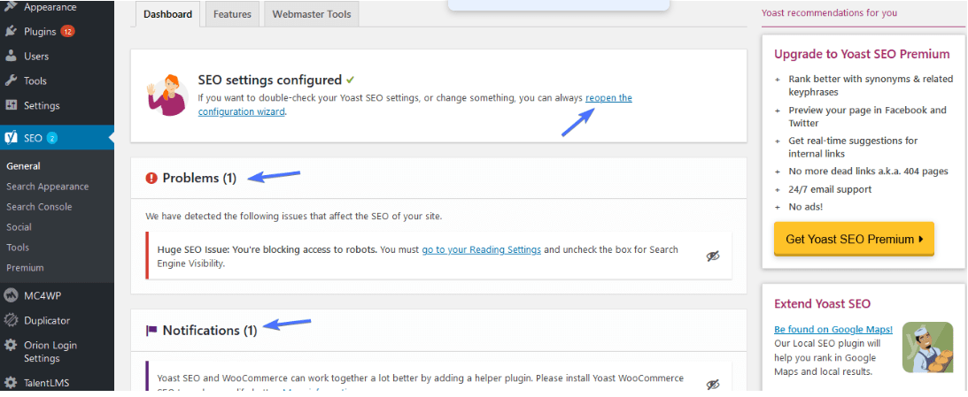 Yoast SEO plugin - dashboard