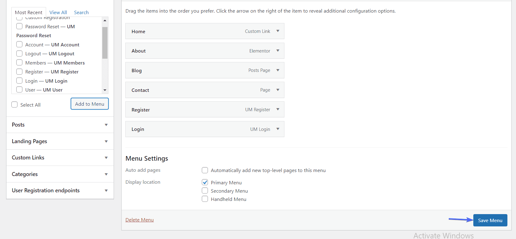 add user registration wordpress pages to navigation