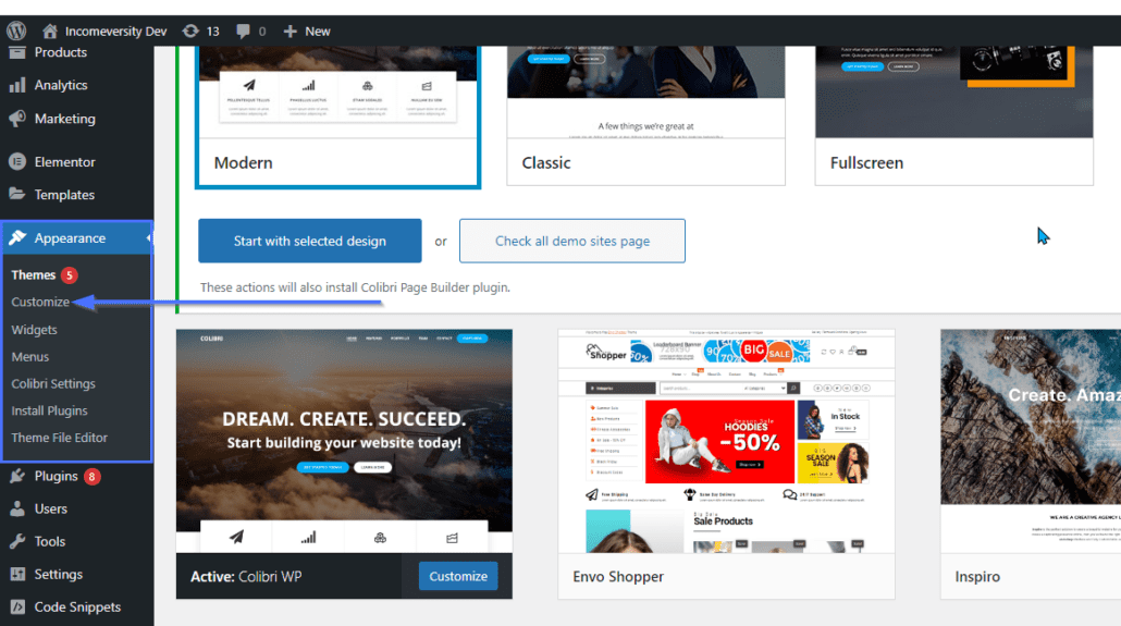 Appearance >> Customize page