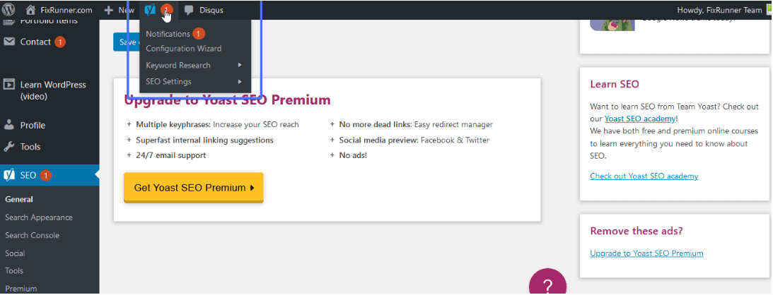 Yoast SEO plugin: Admin Bar Menu