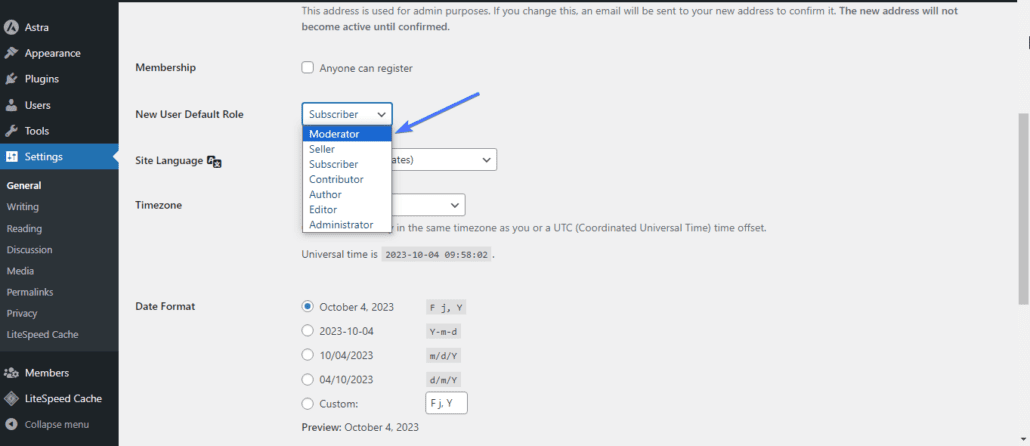 New user default section
