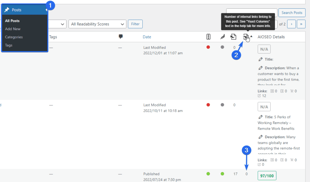 Column for inbound and outbound links
