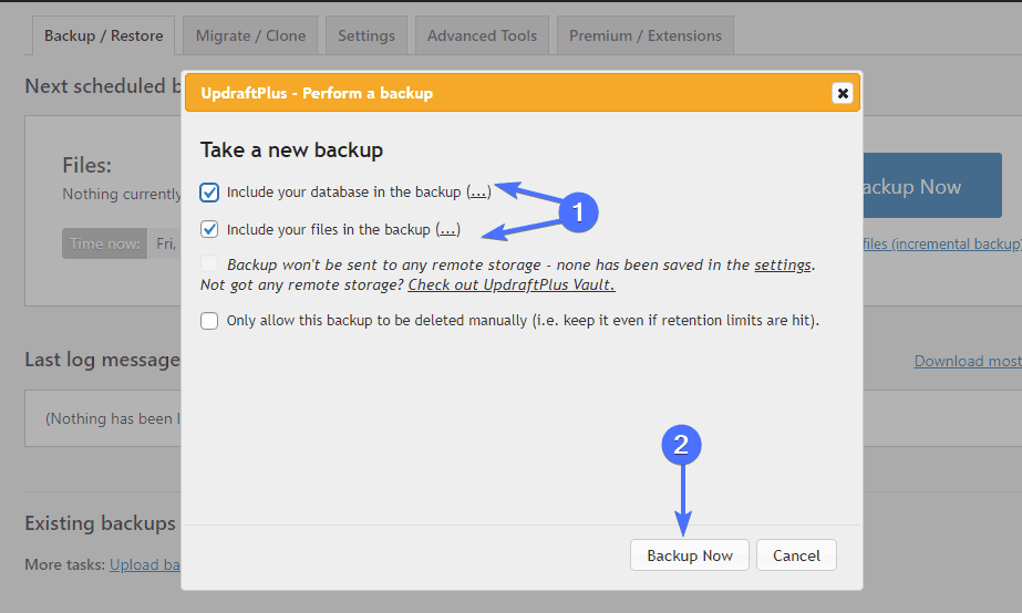 Tick the two checkboxes to perform a full backup