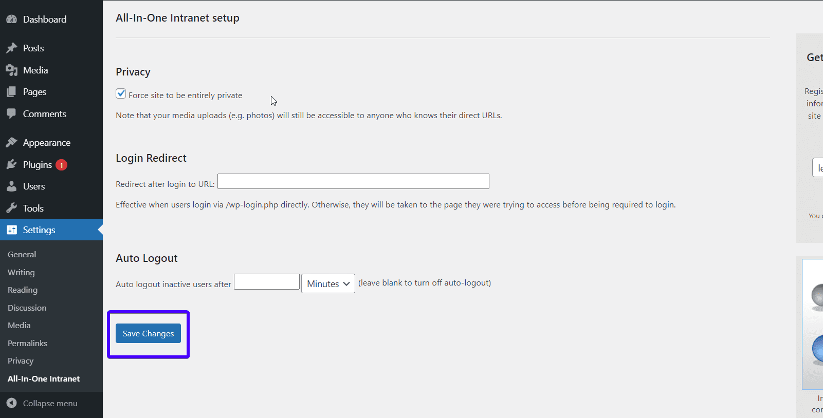 Save changes - WordPress Intranet
