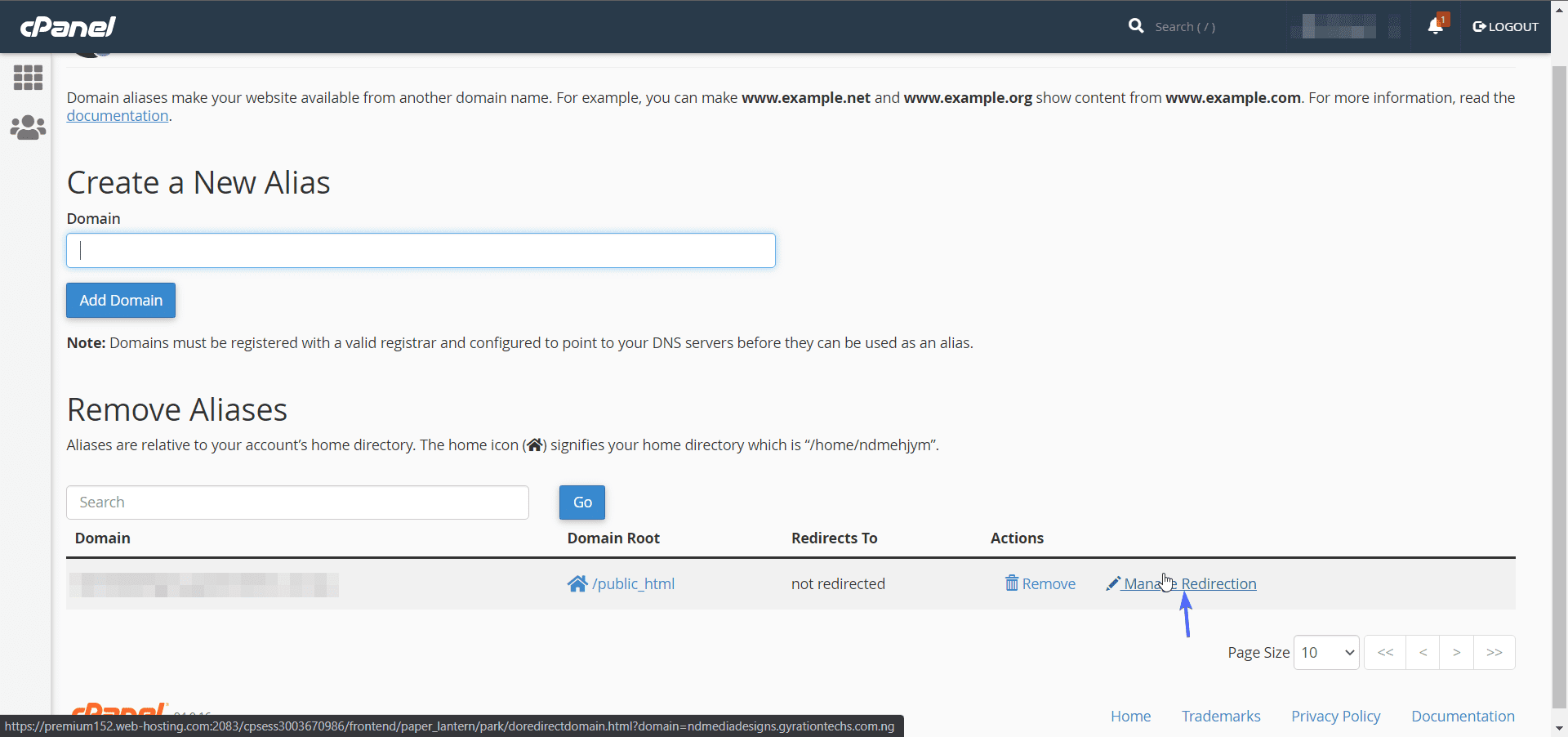 Manage Redirection link