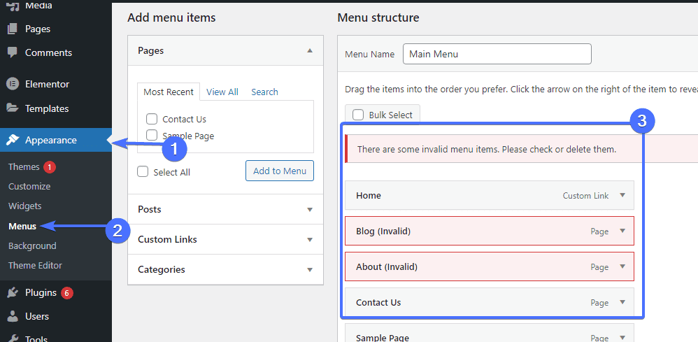 Invalid Menu items - wordpress customizer not working