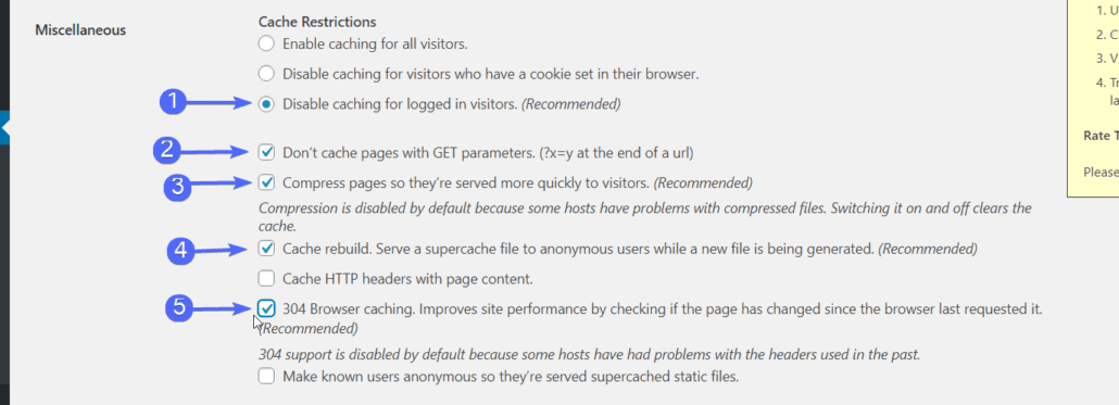 Ticking necessary boxes: WP super cache