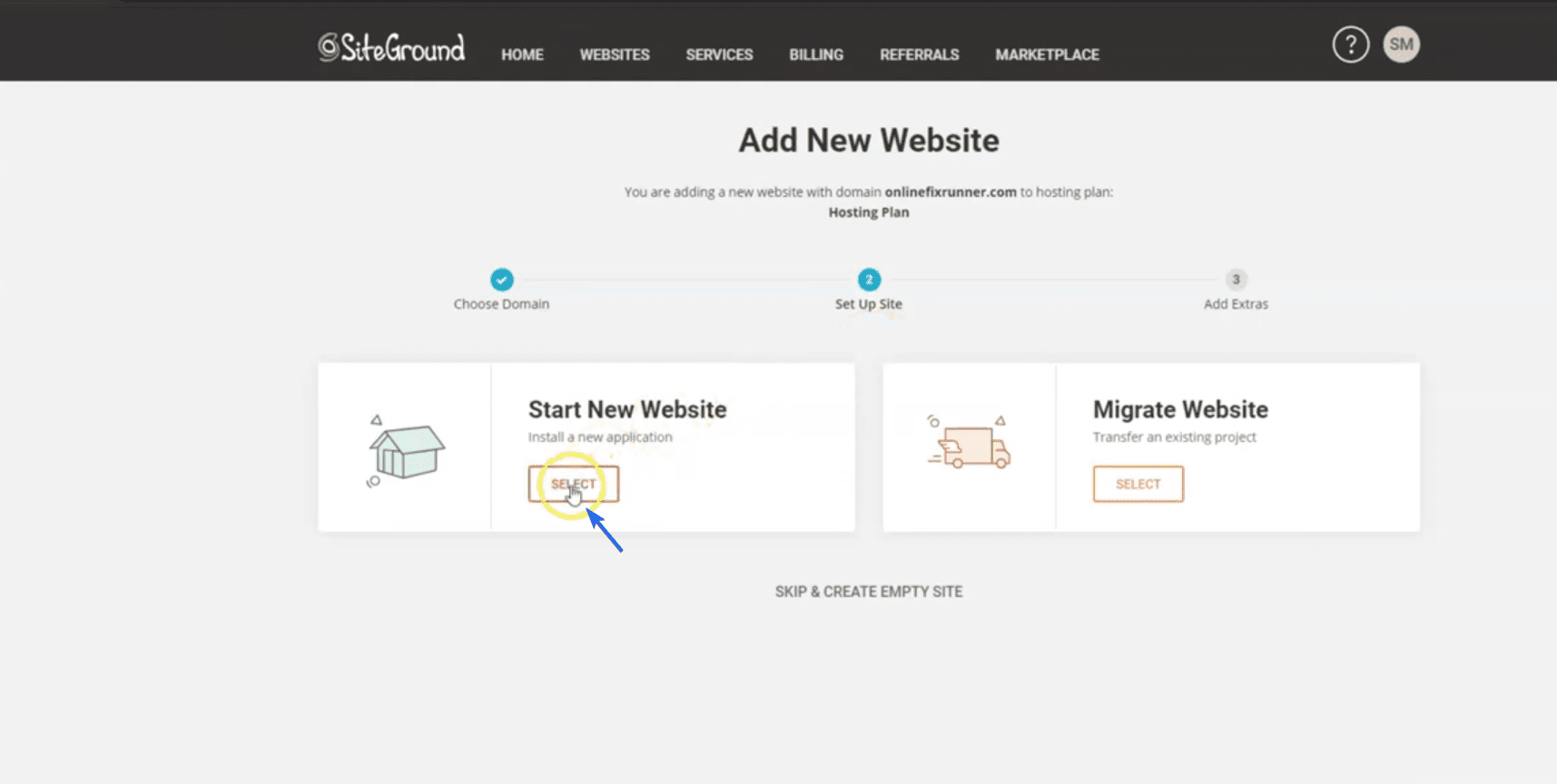 Click Select to create your business website