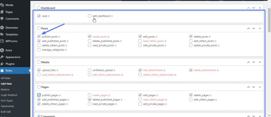 Select capabilities to allow WordPress access control