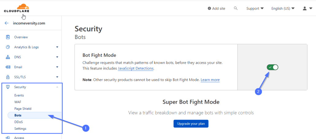 Activate Bot fight mode to prevent WordPress DDoS attacks