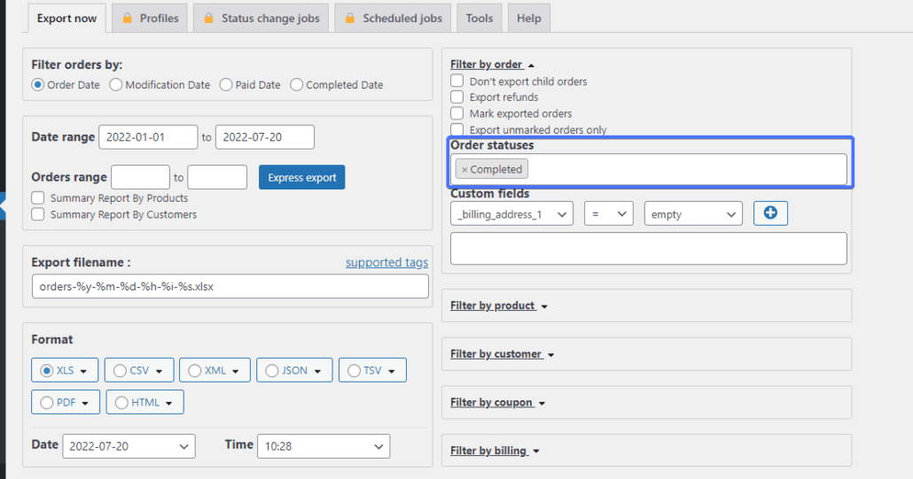 Select Order Statuses for woocommerce export orders