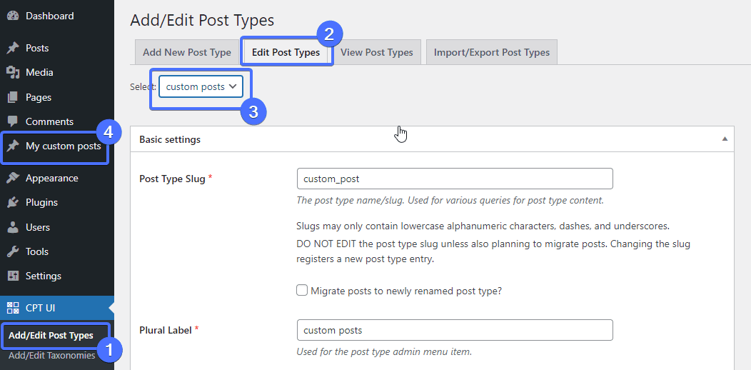 Add/Edit Post Types page to add wp dashicons