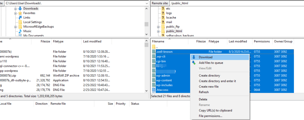 Select all files and download woocommerce backup