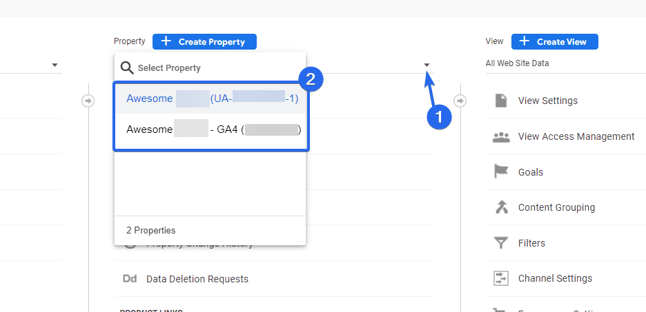 Choose between the Google Analytics 4 or UA property
