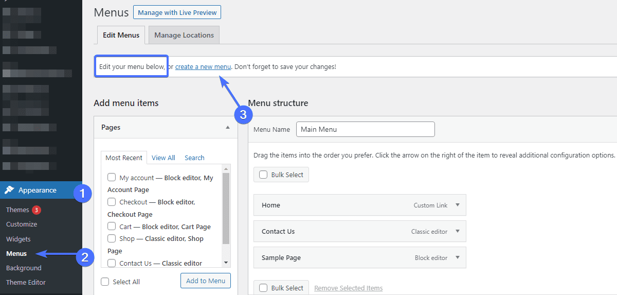 create navigation menu - change wordpress homepage