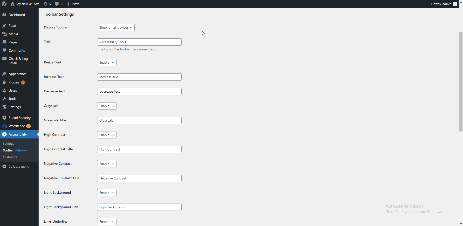 Toolbar settings