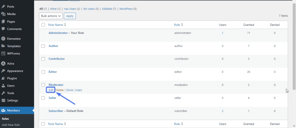 Click Edit - WordPress access control