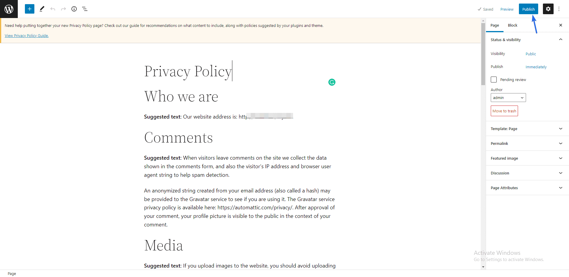 Click Publish button to save and publish the page