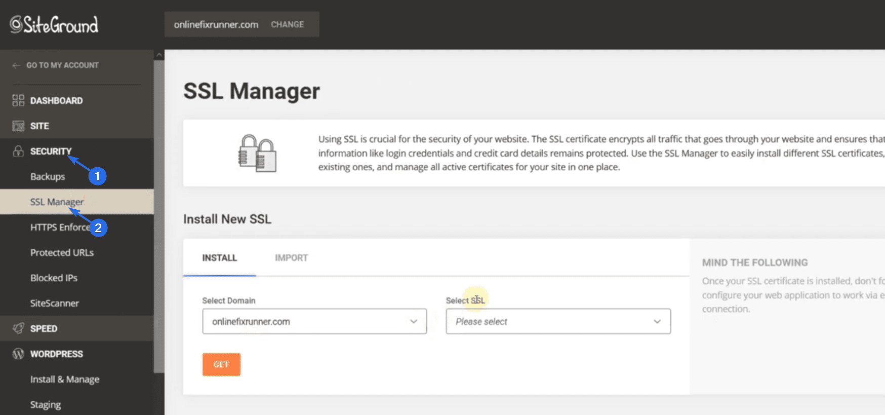 SSL Manager section