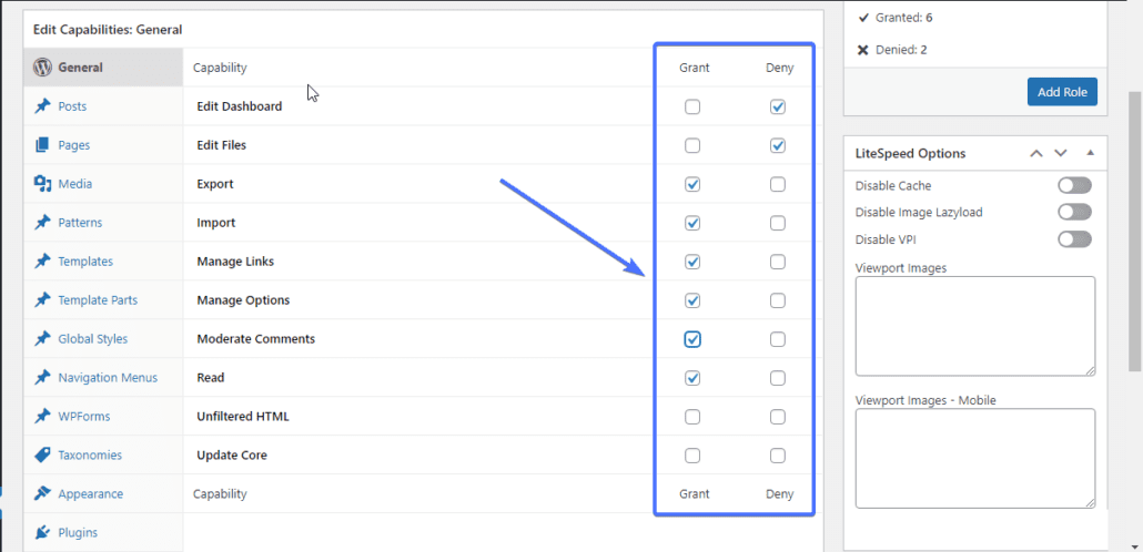Select capabilities and permissions