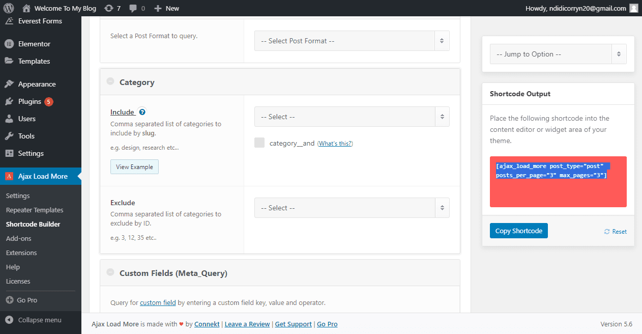 Copy Shortcode - WordPress infinity Scroll