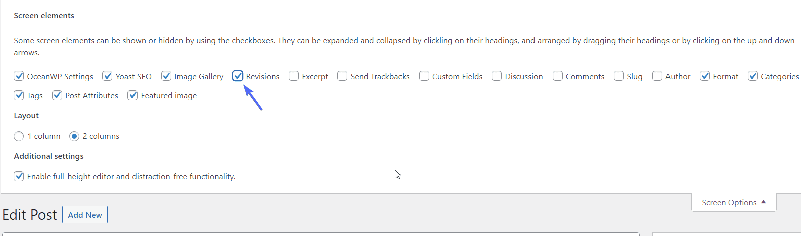 Revisions option to post editor