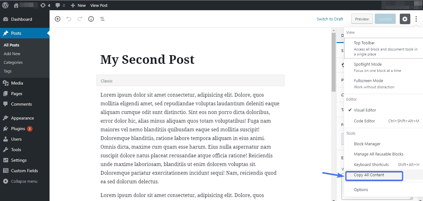 Locate the Copy All Content option to duplicate post