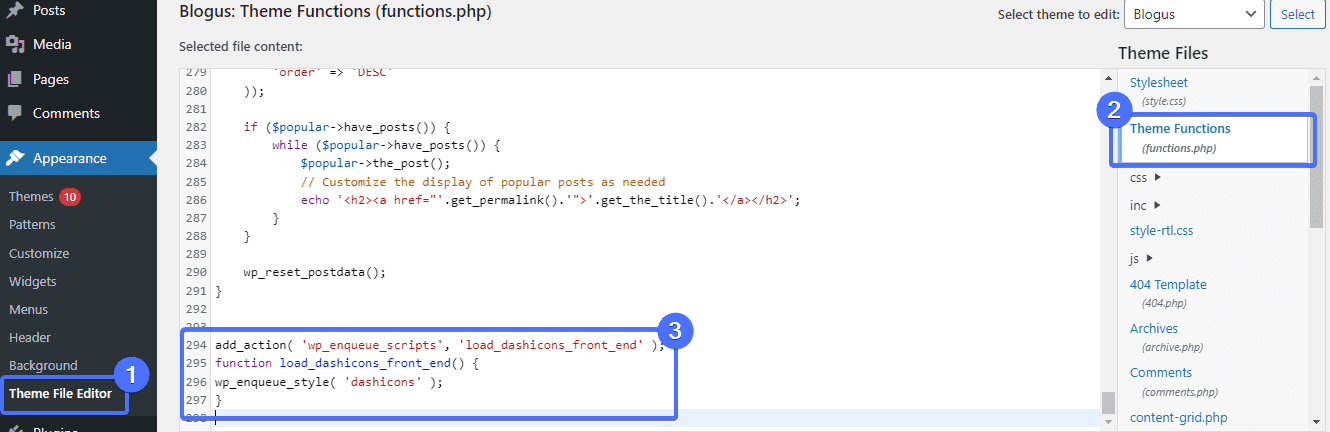 Functions.php section
