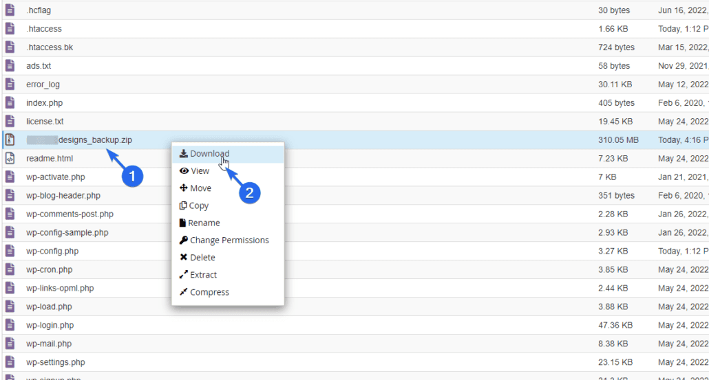 Locate zipped file and download woocommerce backup