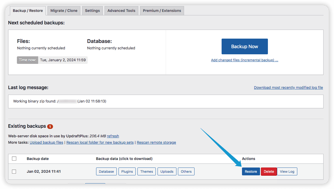 Restore existing backups - wordpress deleted pages