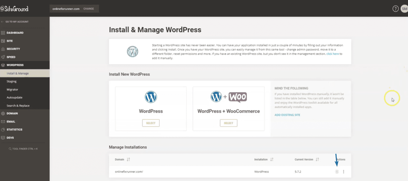 Manage Installations section