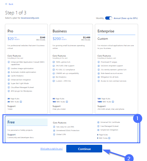Select suitable Cloudflare plan