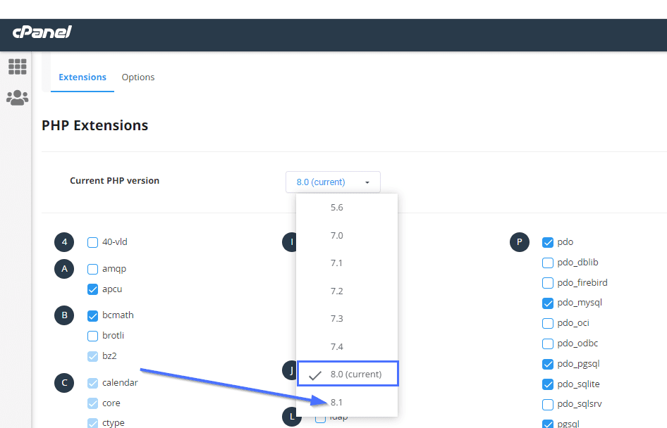 Available PHP versions
