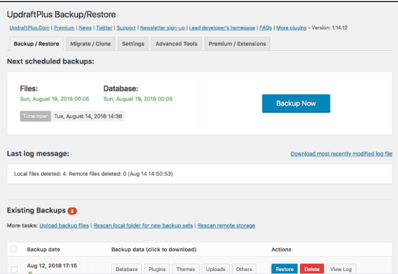 Updraft plus database plugin