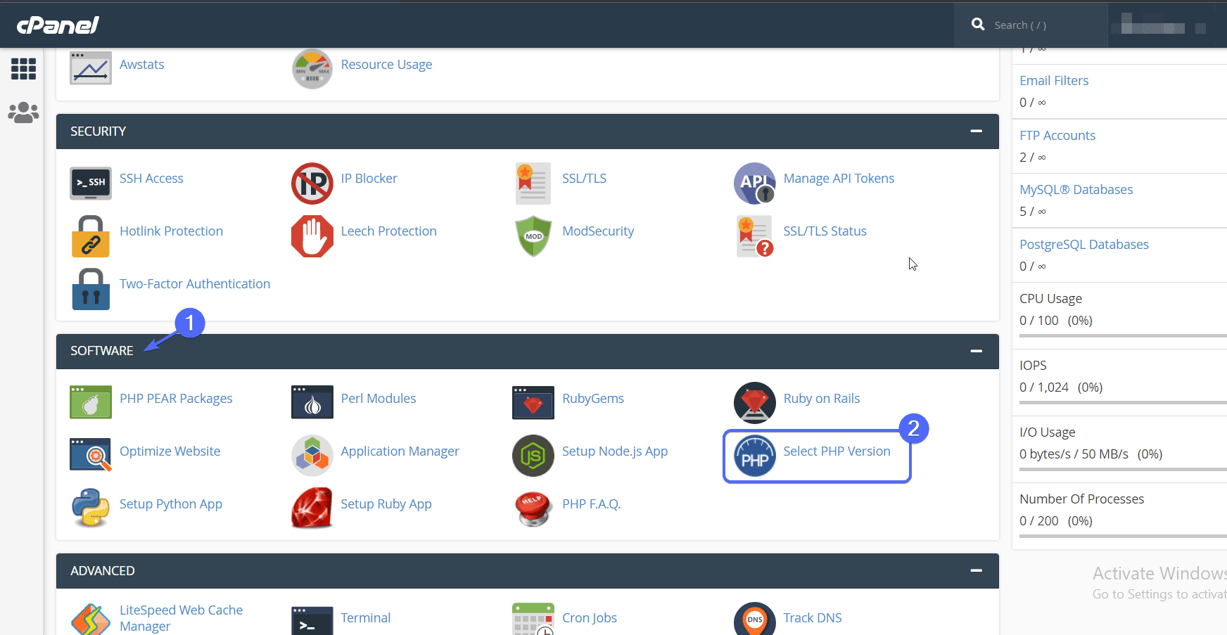 Select PHP version in cPanel